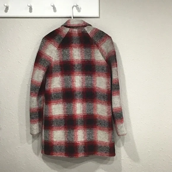 Madewell Red Plaid Wool Blend Peacoat Jacket XS Mid Length Winter Coat Classic - Picture 8 of 8